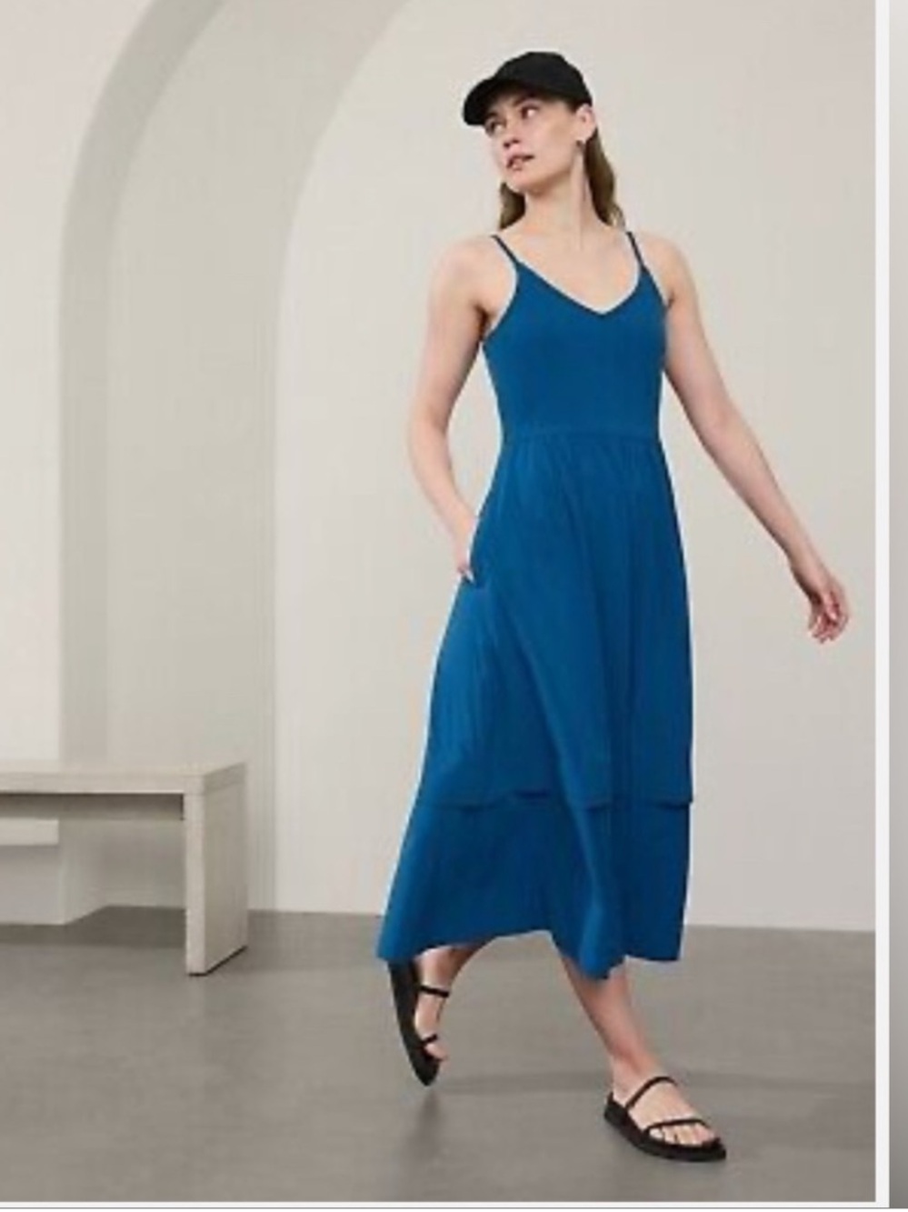 Athleta Elation V-Neck Hybrid Dress LP Large Petite Blue Midi Pockets Athleisure